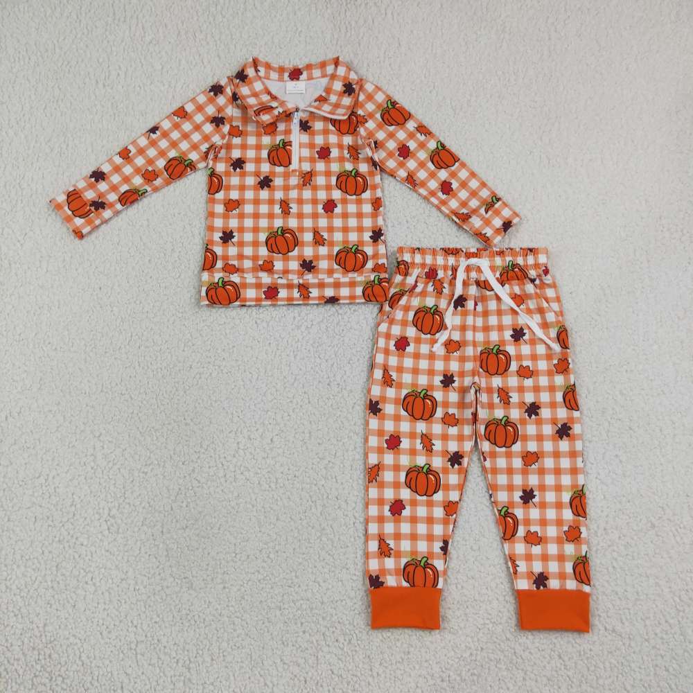 BLP1574  RTS boys Halloween orange pumpkin leaves print long sleeve boy pajamas set