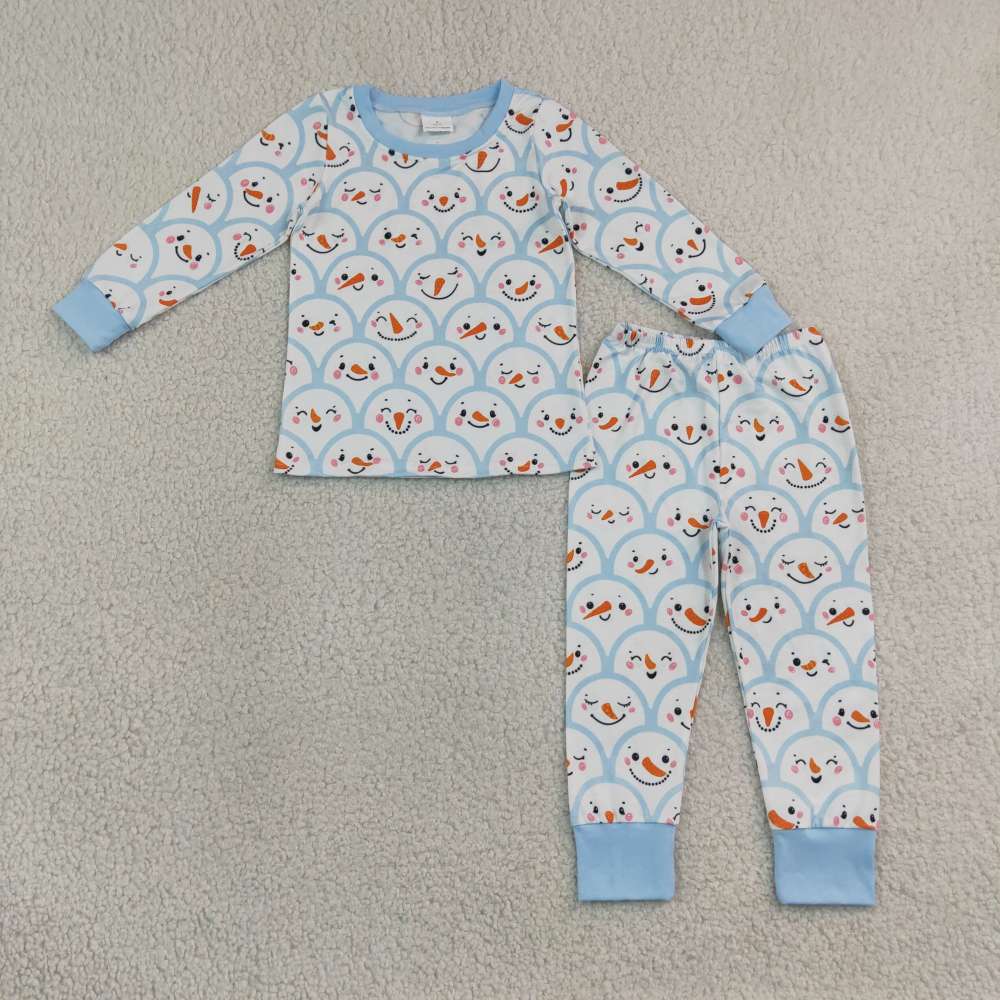 BLP1514  RTS boys Blue snowman print long sleeve boy pajamas set