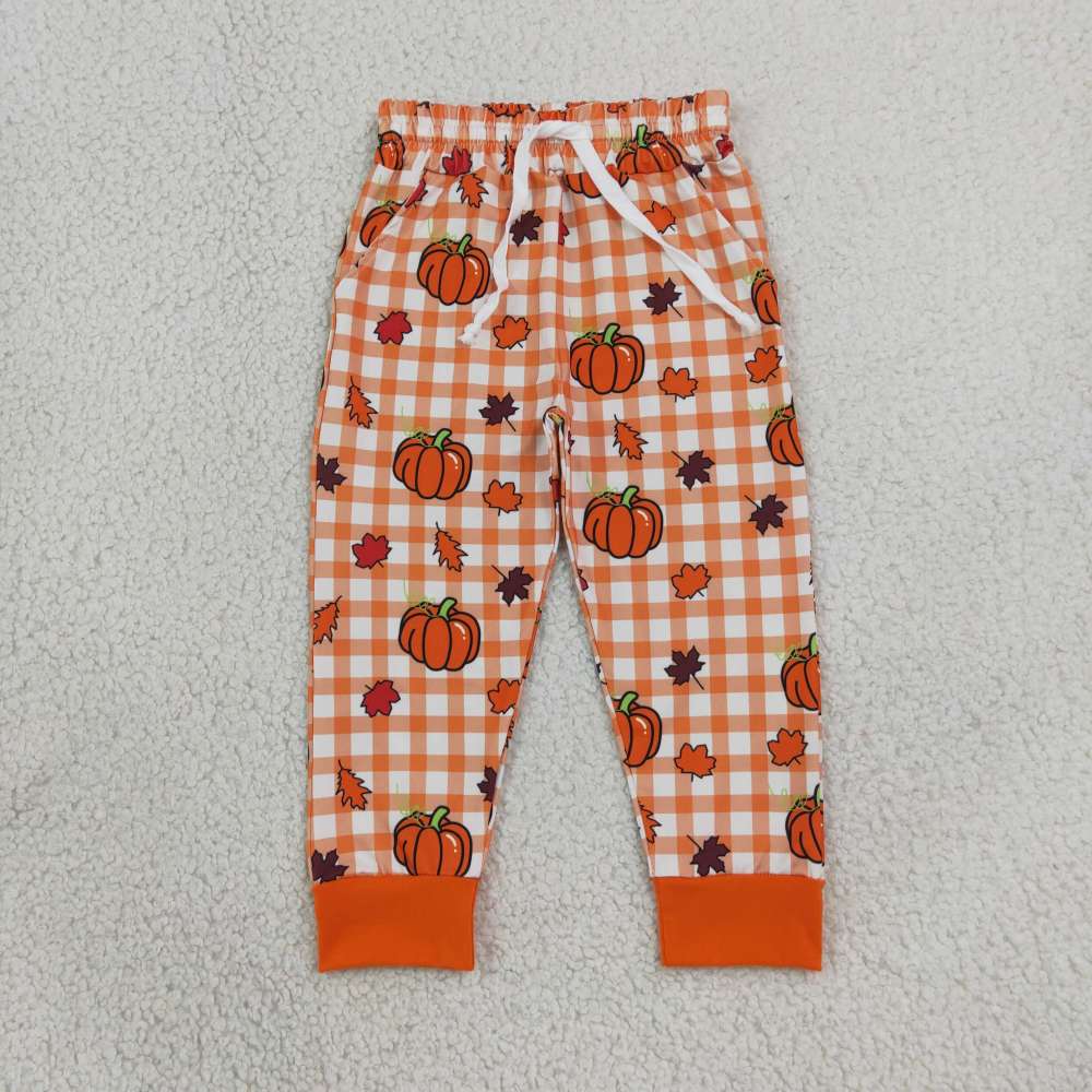 P1198  girl Orange plaid pumpkin leaves long pants