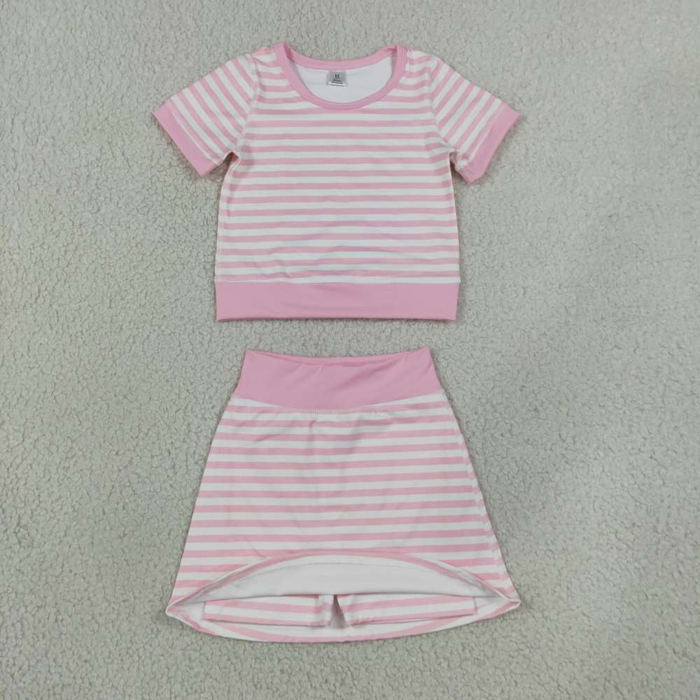 GLS0159 Baby Girls long sleeve pink stripe Top with skirt Clothes Sets