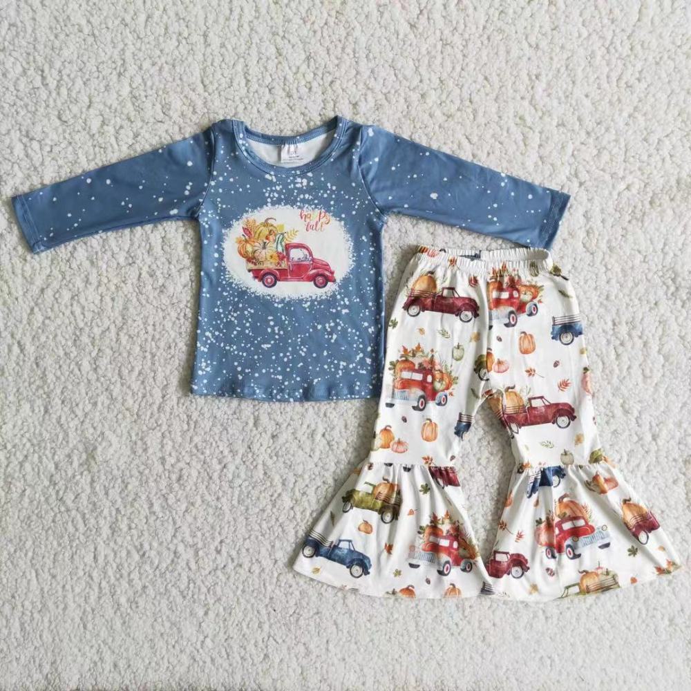 6 A0-4 Blue Pumpkin Print bows long sleeve girl outfits
