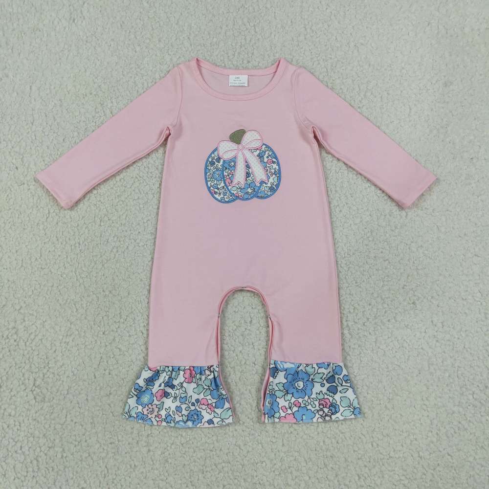 LR3021 Pink flowers bows embroidery baby girl Long-Sleeved romper