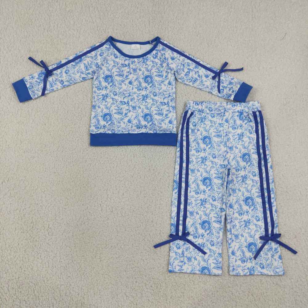 GLP3364 Blue flowers  Print bows long sleeve girl outfits