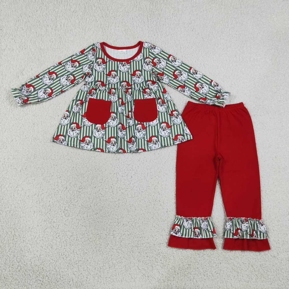 GLP3454 Green Stripe Christmas santa long sleeve girl outfits