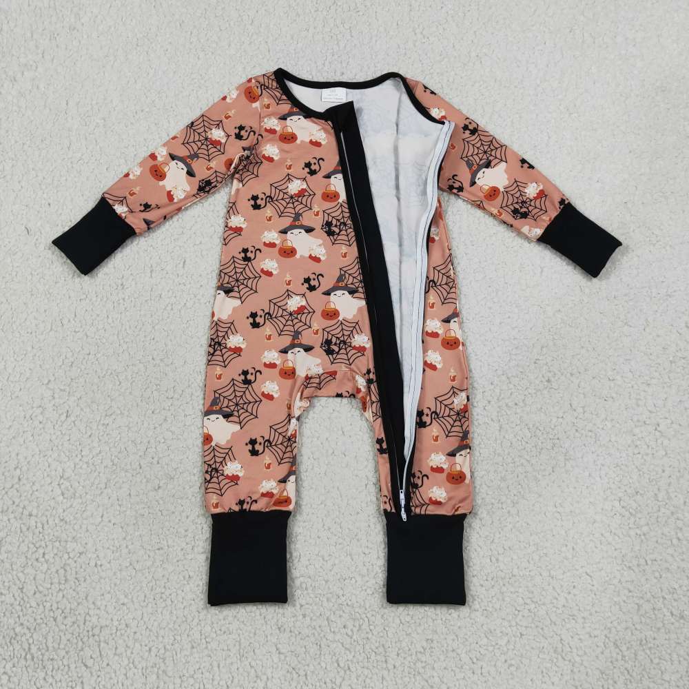 LR3250  Halloween boo spooky print  Long-Sleeved zipper romper
