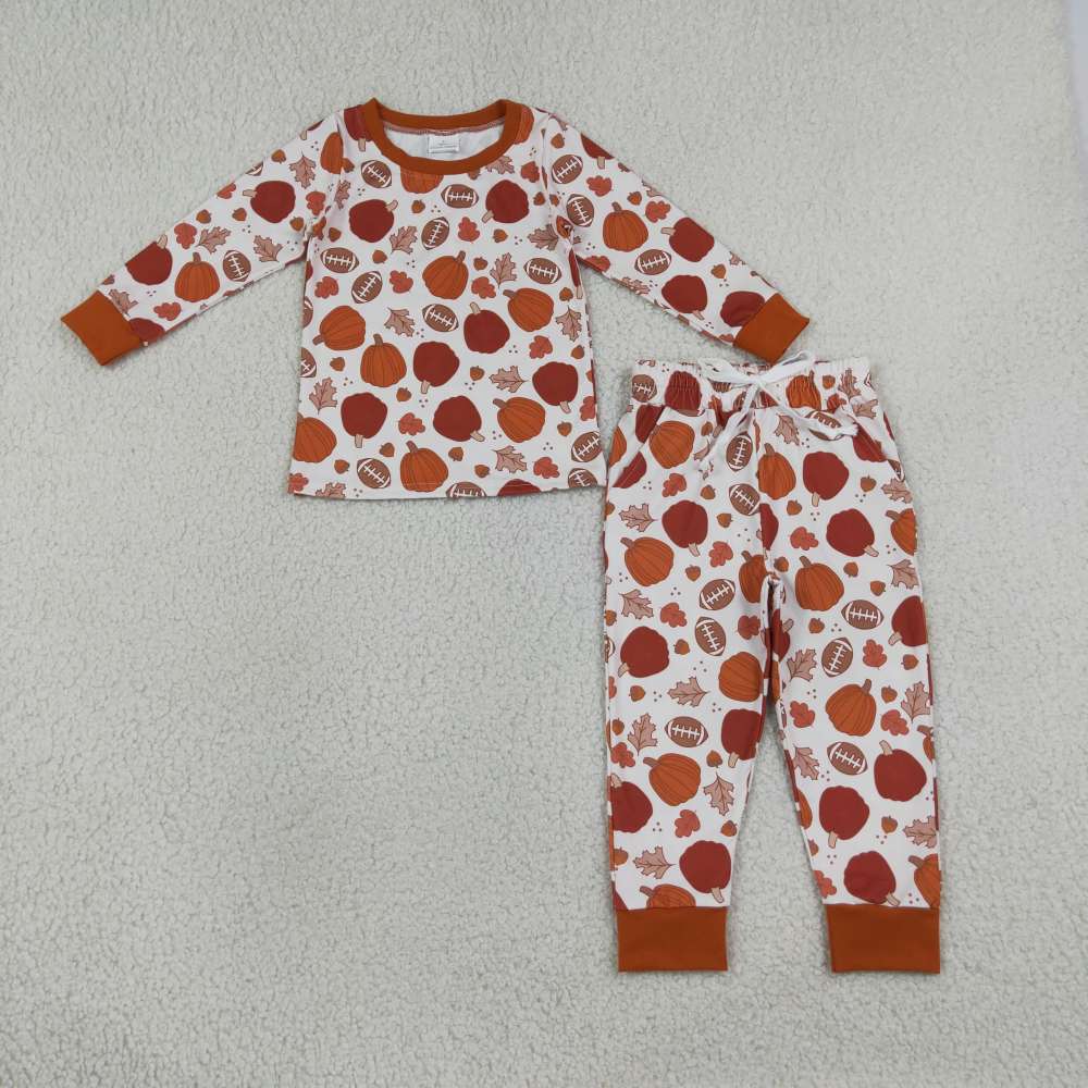 BLP1539  RTS boys orange pumpkin leaves Football print long sleeve boy pajamas set