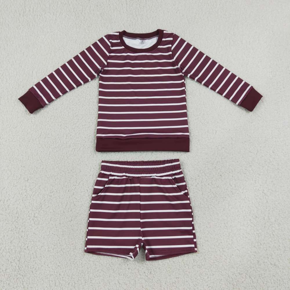 GLS0130 Baby Girls long sleeve Wine red white  stripe Top with shorts Clothes Sets