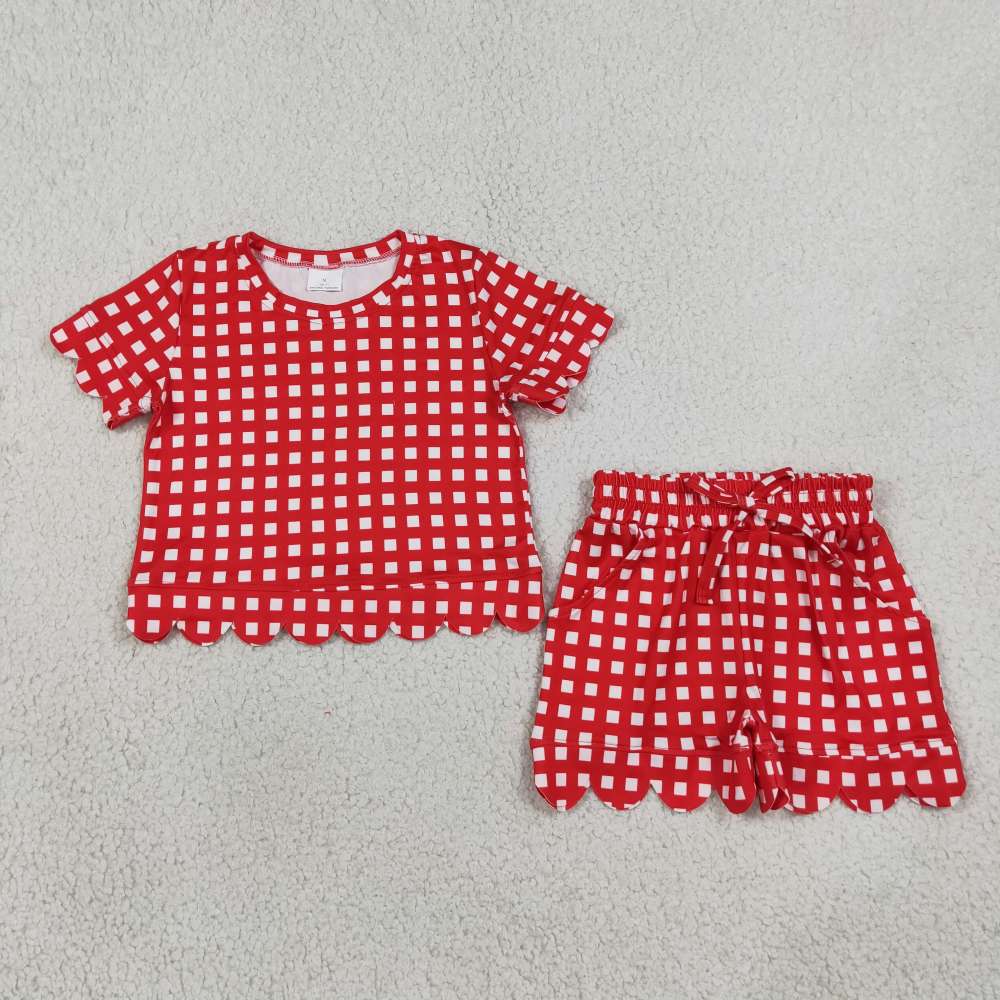 GSSO3838 Red solid Print Short sleeve girl SCALLOP  outfits
