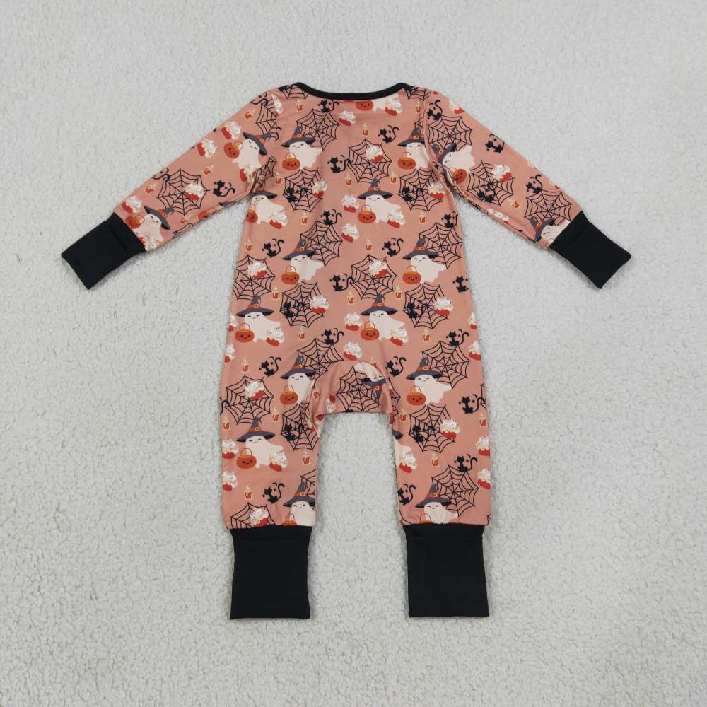 LR3250  Halloween boo spooky print  Long-Sleeved zipper romper