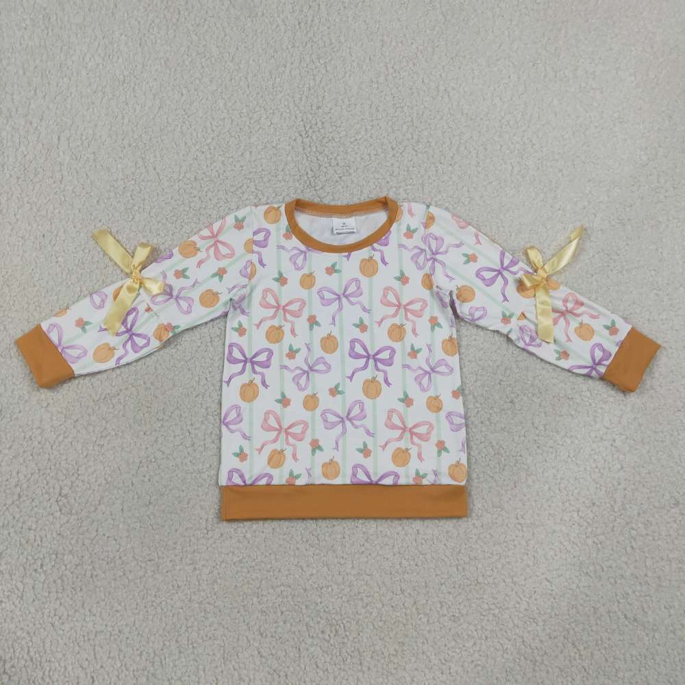 GT1658  Baby Girls Orange Pumpkin purple bows Top long sleeve fall season top