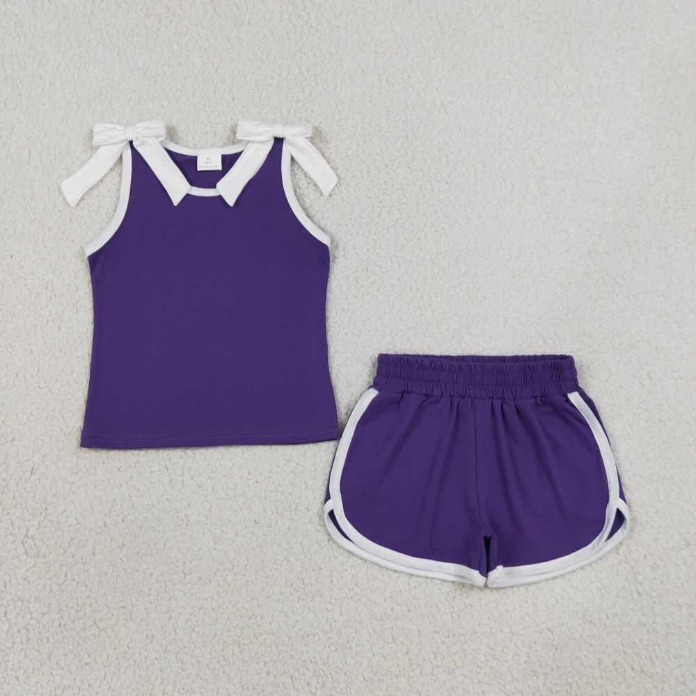 GSSO3858 Baby Girls Purple solid Sleeveless Top Short school Team Clothes Sets
