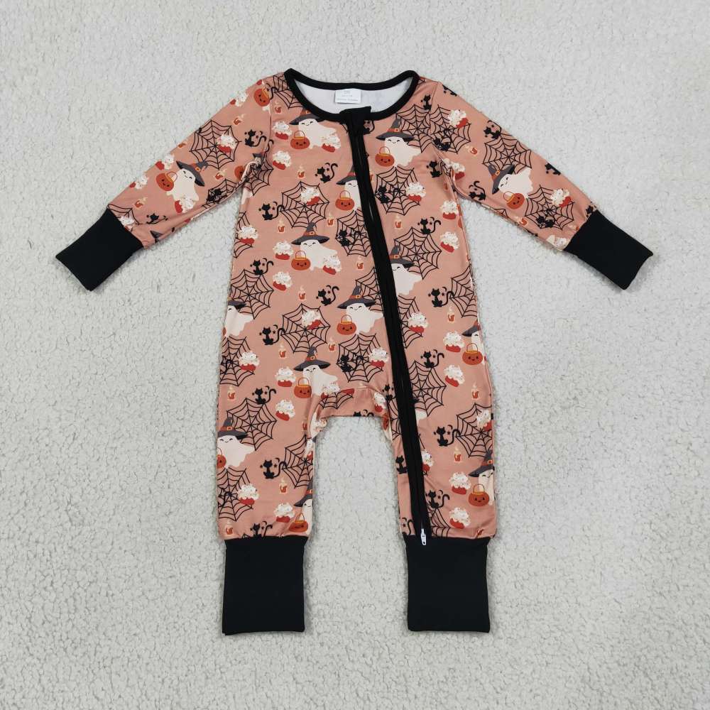 LR3250  Halloween boo spooky print  Long-Sleeved zipper romper