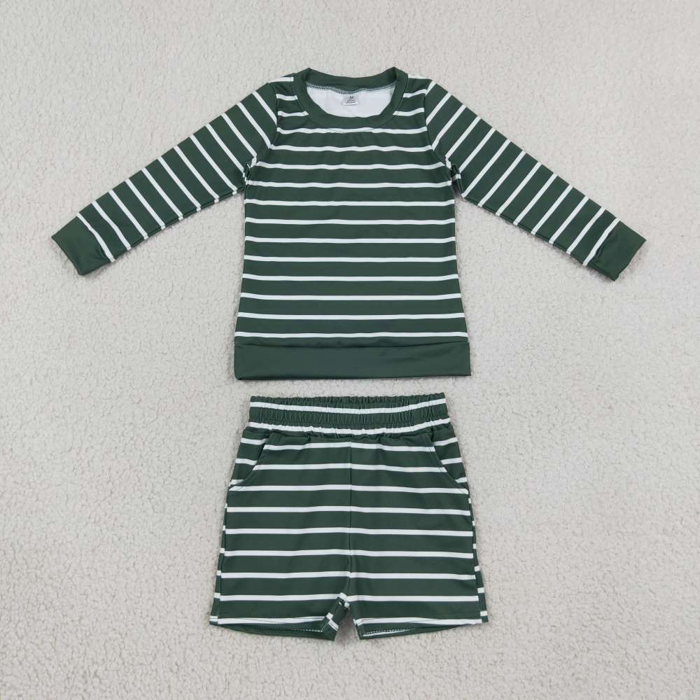 GLS0128 Baby Girls long sleeve GREEN white  stripe Top with shorts Clothes Sets