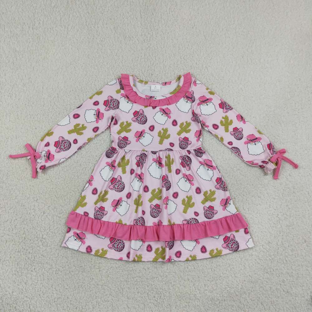 GLD1213 Green Christmas santa trees cactus print girl long sleeve dress