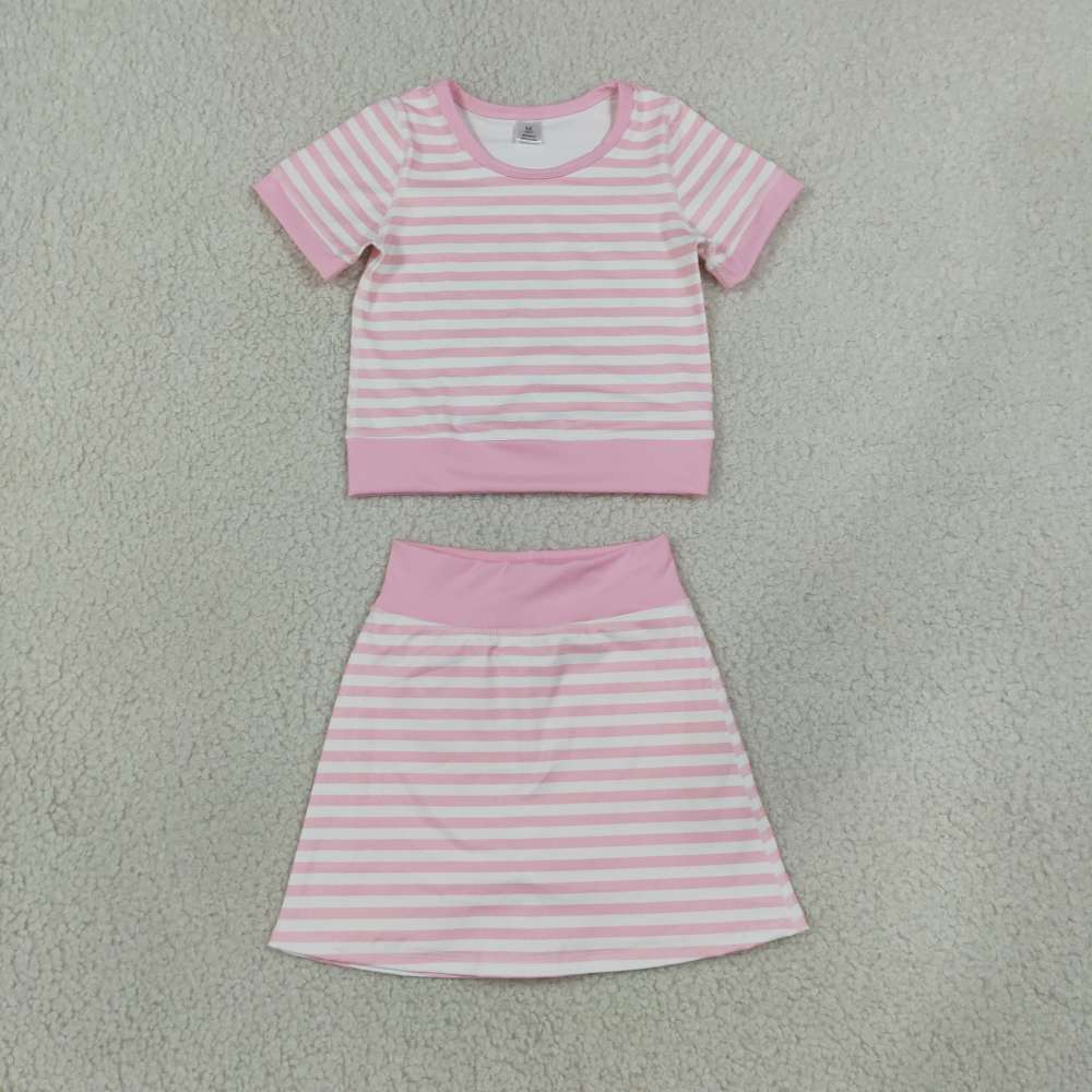 GLS0159 Baby Girls long sleeve pink stripe Top with skirt Clothes Sets