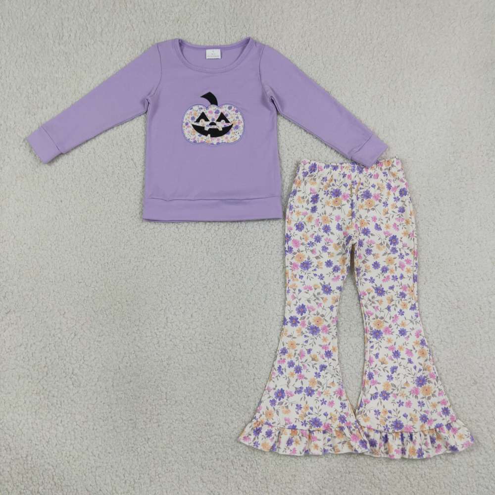 GLP3618 purple flowers Halloween pumpkin embroidery long sleeve girl outfits