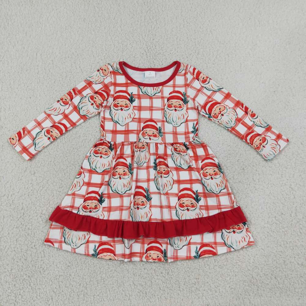GLD1710 red plaid Christmas santa print girl long sleeve dress