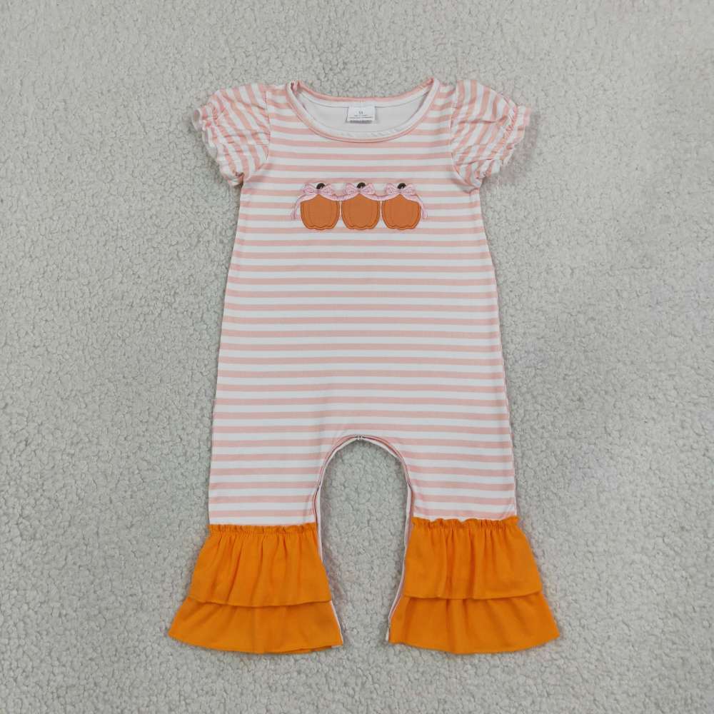 SR4284 Orange stripe pumpkin embroidery baby girl short -Sleeved romper