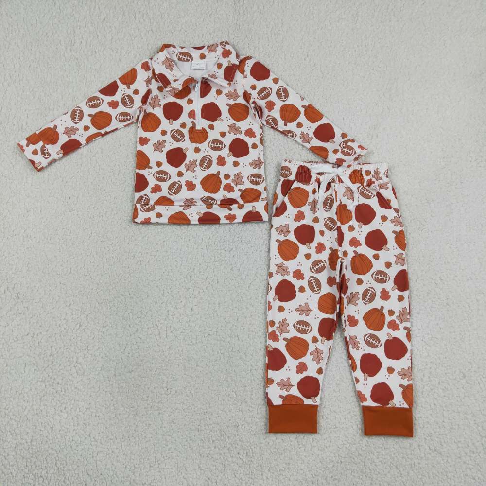 BLP1573  RTS boys orange pumpkin leaves print long sleeve set