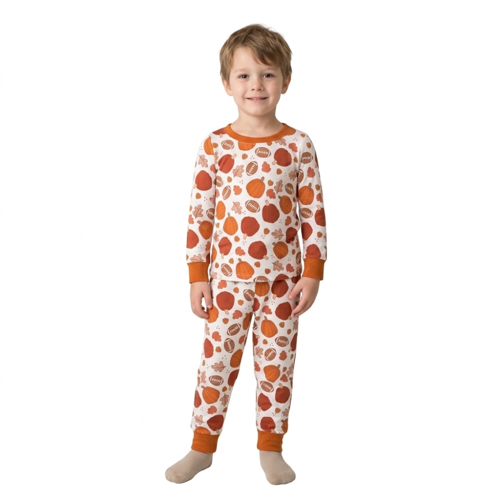 BLP1539  RTS boys orange pumpkin leaves Football print long sleeve boy pajamas set