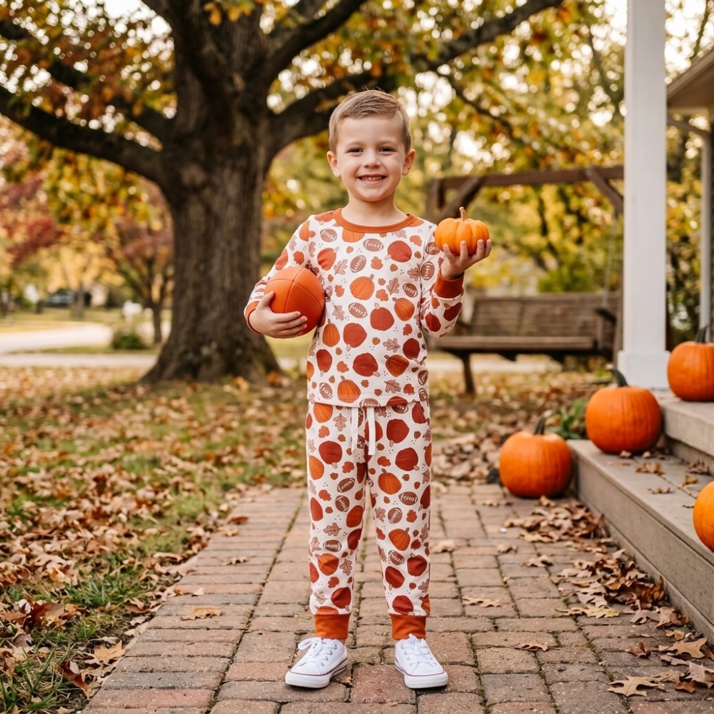 BLP1539  RTS boys orange pumpkin leaves Football print long sleeve boy pajamas set