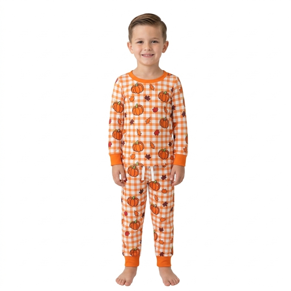 BLP1540  RTS boys Halloween orange pumpkin leaves print long sleeve boy pajamas set