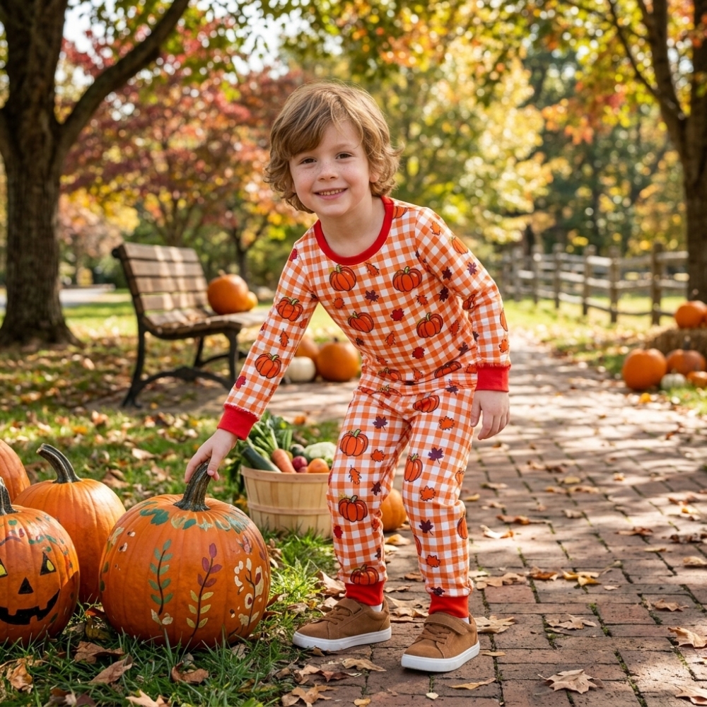 BLP1540  RTS boys Halloween orange pumpkin leaves print long sleeve boy pajamas set