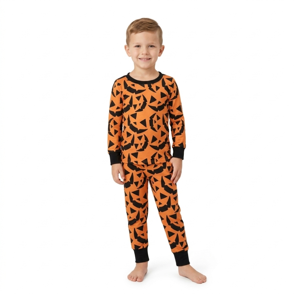 BLP1549  RTS boys Halloween orange pumpkin face print long sleeve boy pajamas set