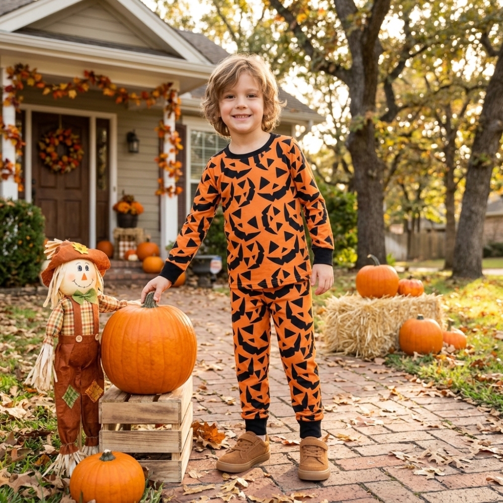 BLP1549  RTS boys Halloween orange pumpkin face print long sleeve boy pajamas set