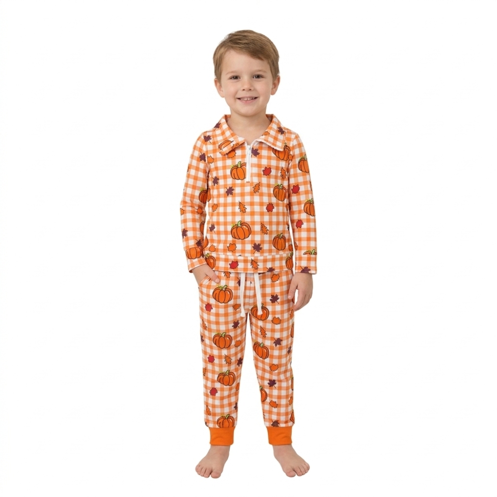 BLP1574  RTS boys Halloween orange pumpkin leaves print long sleeve boy pajamas set