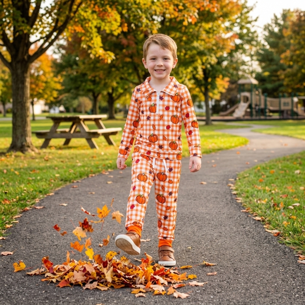 BLP1574  RTS boys Halloween orange pumpkin leaves print long sleeve boy pajamas set