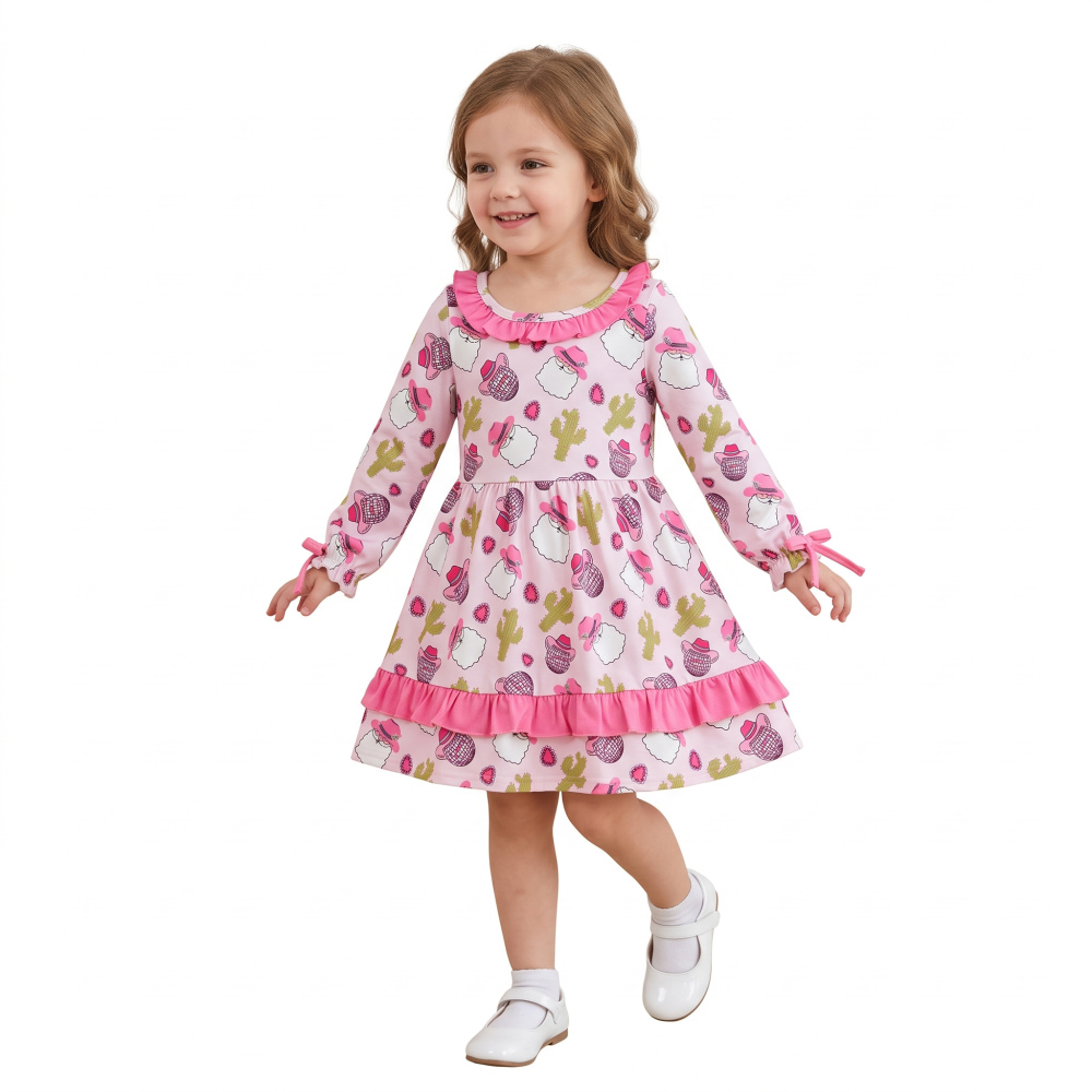 GLD0753 pink Christmas santa cactus howdyhat print girl long sleeve dress
