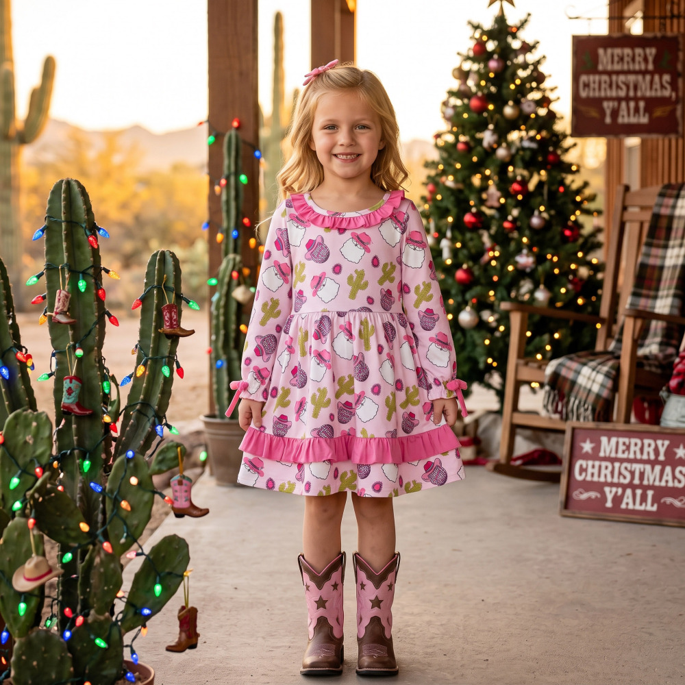 GLD0753 pink Christmas santa cactus howdyhat print girl long sleeve dress