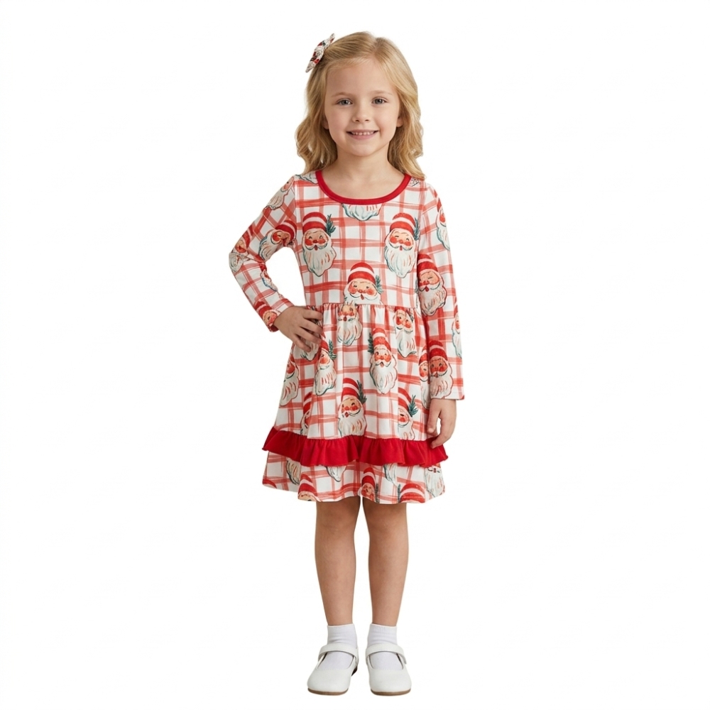 GLD1710 red plaid Christmas santa print girl long sleeve dress
