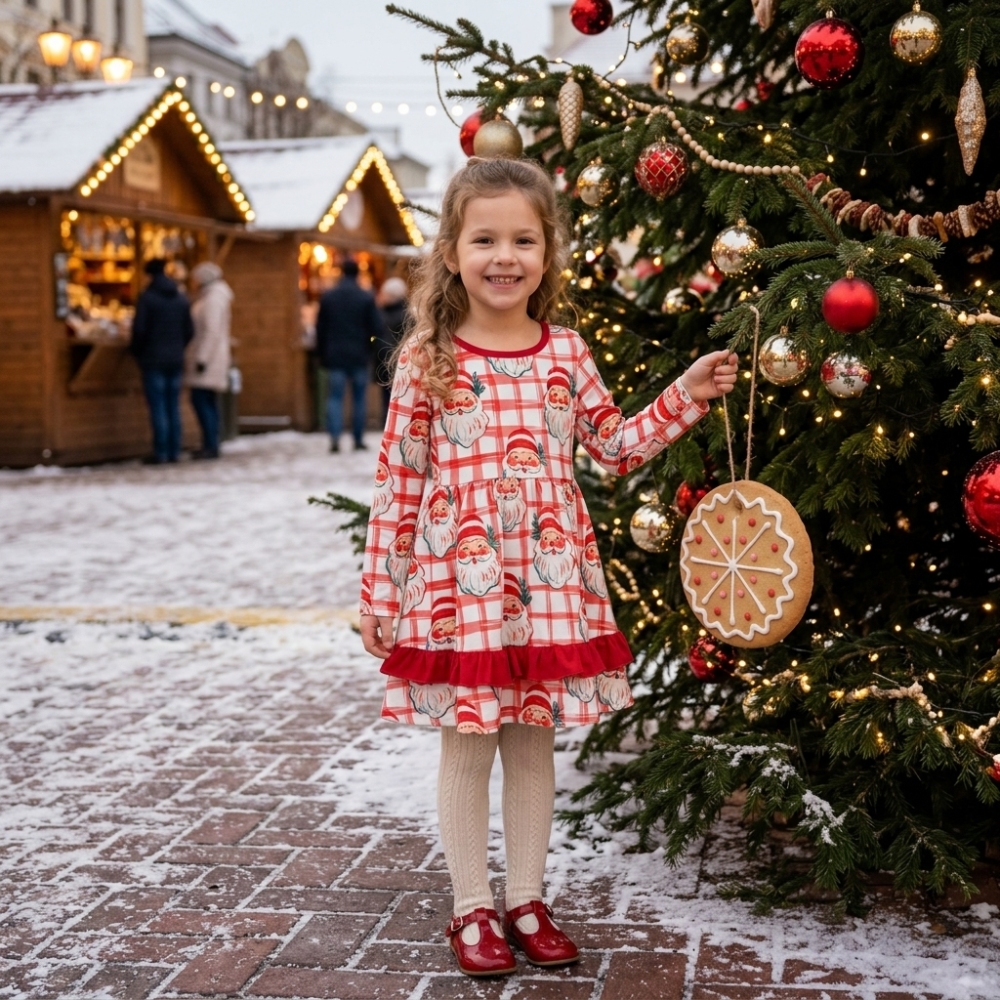 GLD1710 red plaid Christmas santa print girl long sleeve dress