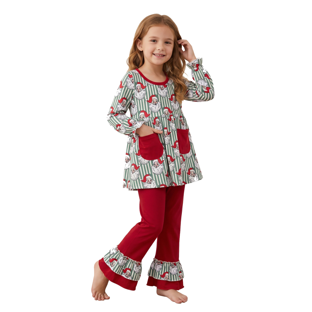 GLP3454 Green Stripe Christmas santa long sleeve girl outfits