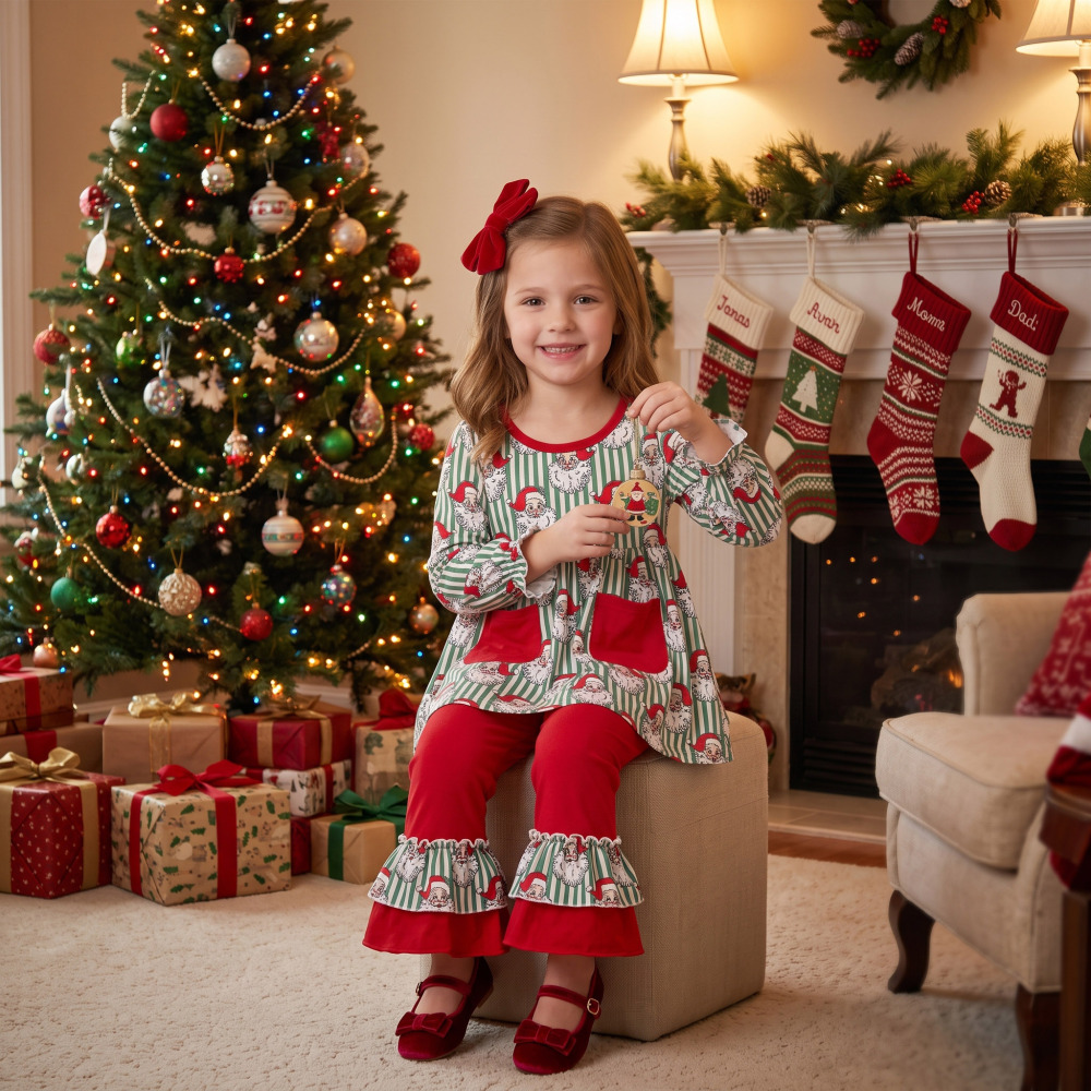GLP3454 Green Stripe Christmas santa long sleeve girl outfits
