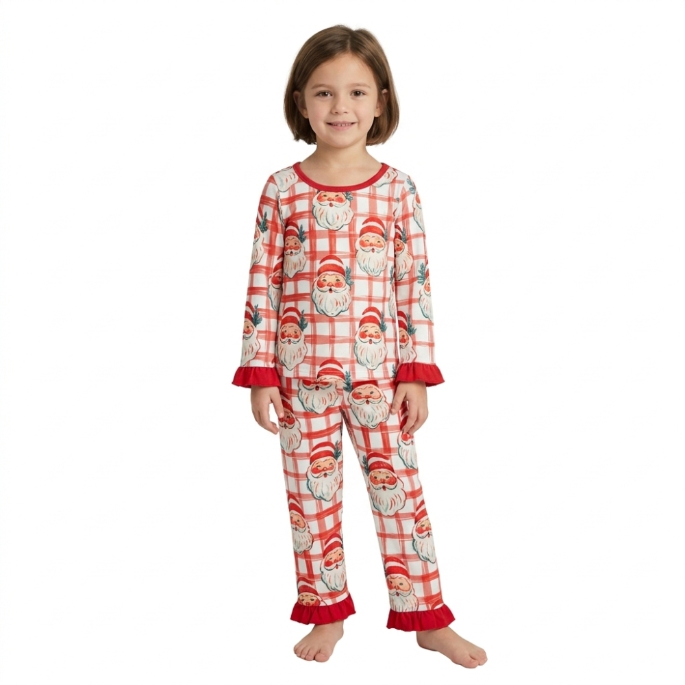 GLP3542 red plaid Christmas Santa long sleeve girl outfits