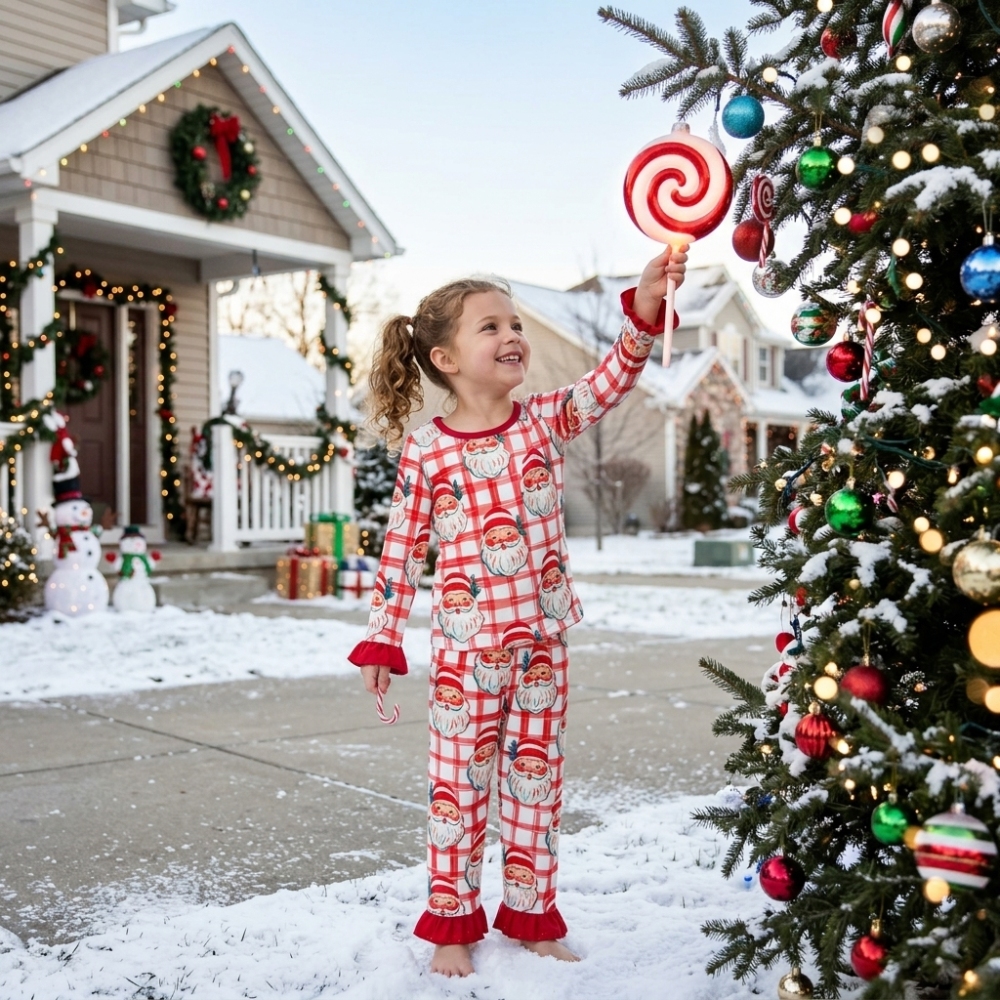 GLP3542 red plaid Christmas Santa long sleeve girl outfits