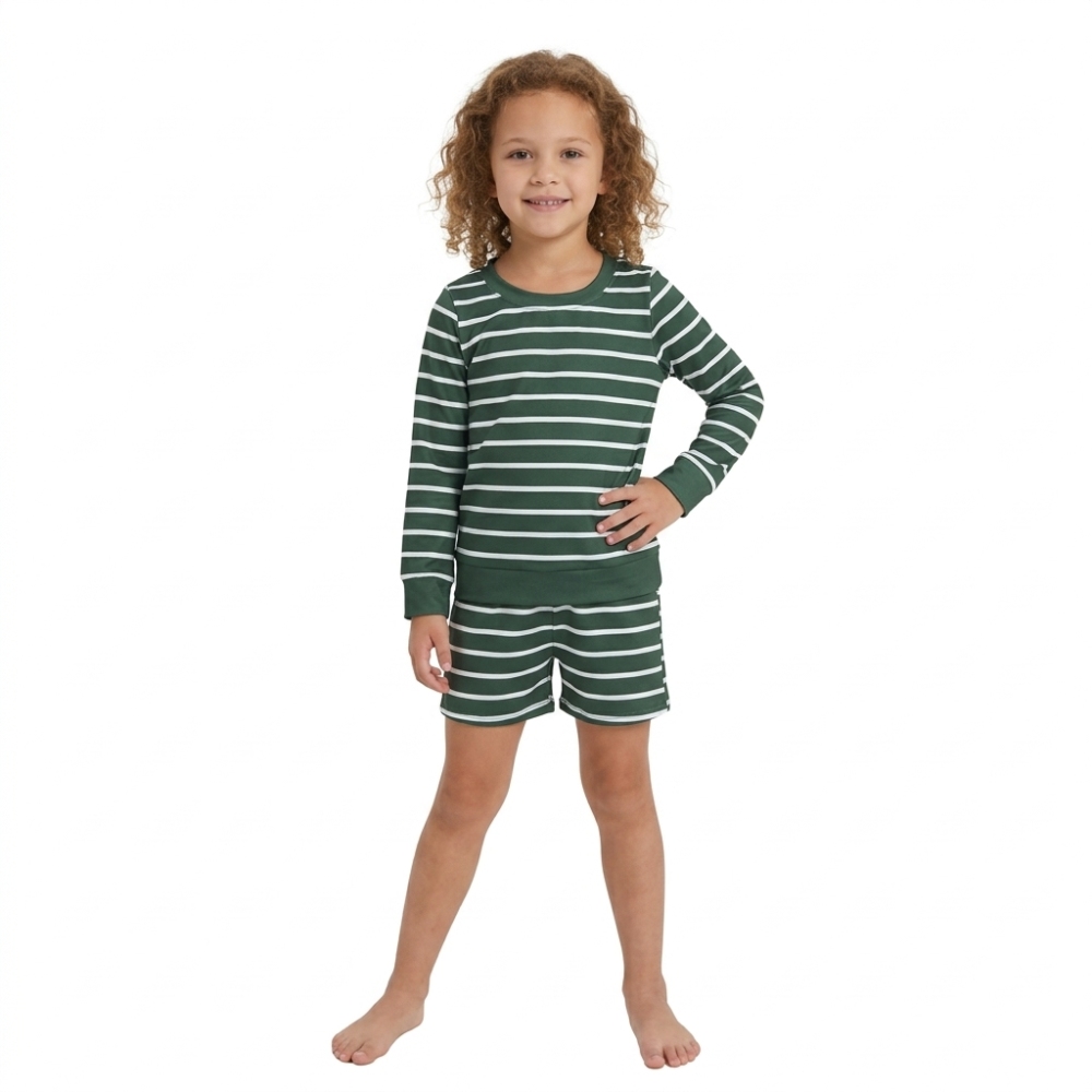 GLS0128 Baby Girls long sleeve GREEN white  stripe Top with shorts YOGA  Clothes Sets