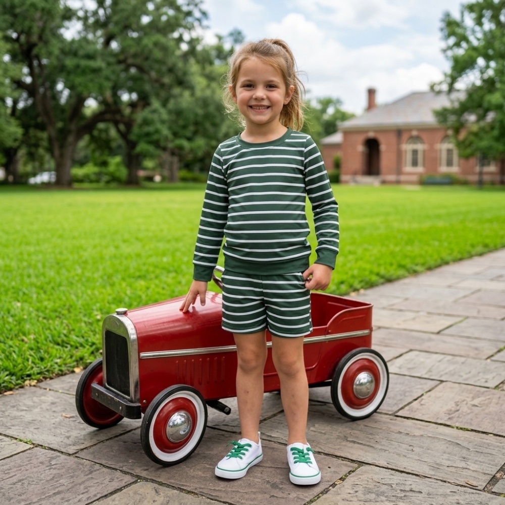 GLS0128 Baby Girls long sleeve GREEN white  stripe Top with shorts YOGA  Clothes Sets