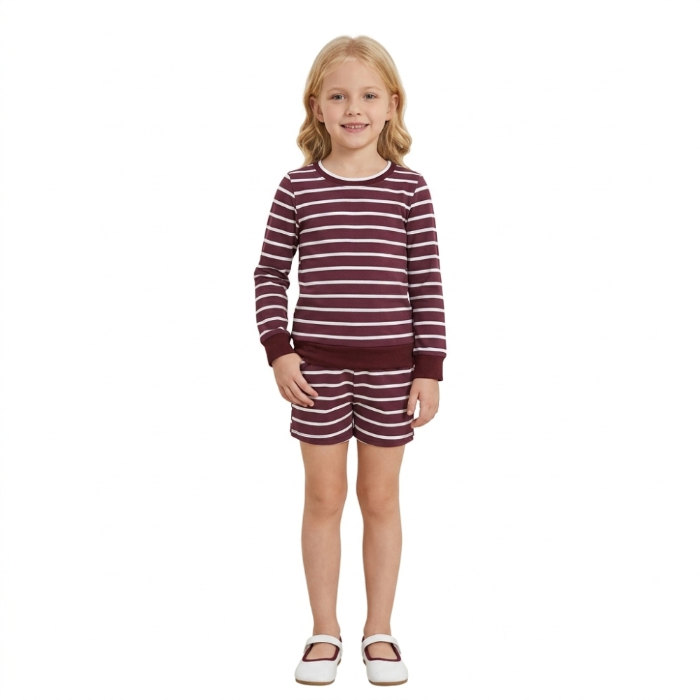 GLS0130 Baby Girls long sleeve Wine red white  stripe Top with shorts YOGA Clothes Sets