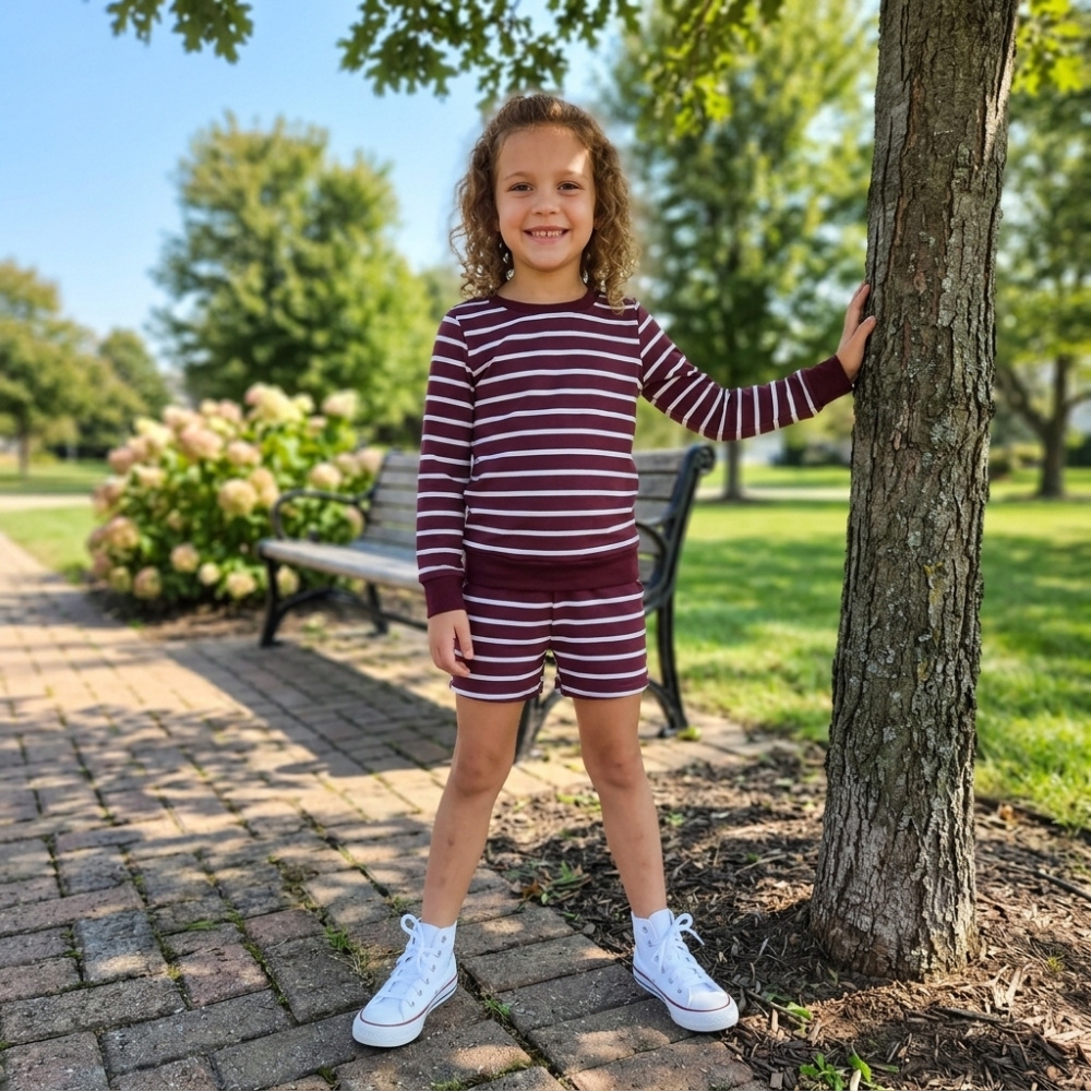 GLS0130 Baby Girls long sleeve Wine red white  stripe Top with shorts YOGA Clothes Sets