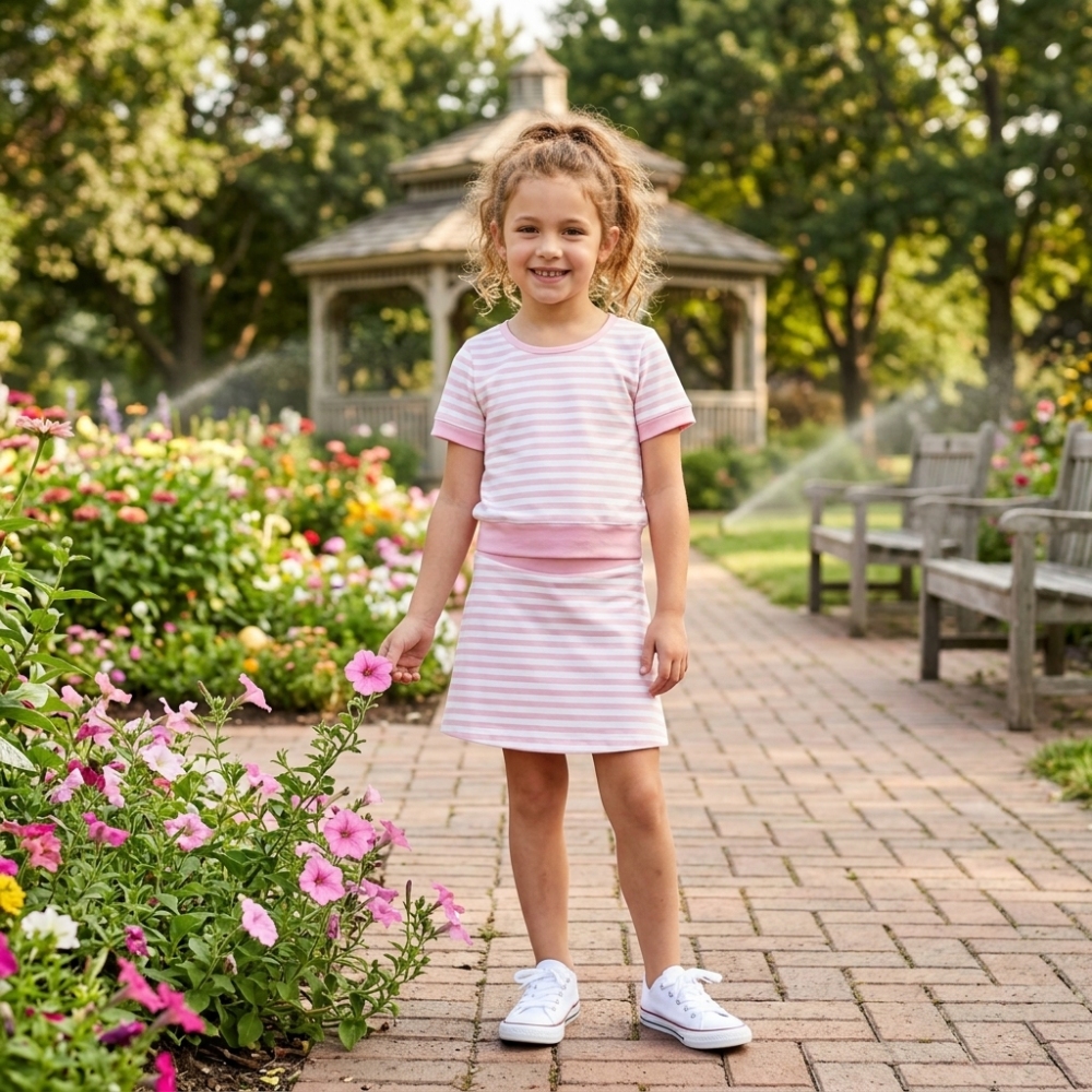 GLS0159 Baby Girls long sleeve pink stripe Top with skirt Clothes Sets