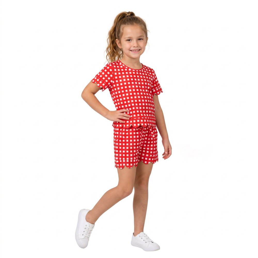 GSSO3838 Red solid Print Short sleeve girl SCALLOP  outfits