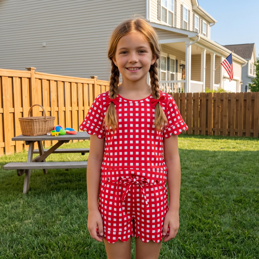 GSSO3838 Red solid Print Short sleeve girl SCALLOP  outfits