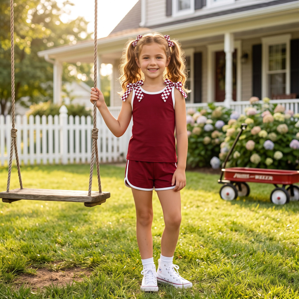 GSSO3859 Baby Girls Red solid Sleeveless Top Short school Team Clothes Sets
