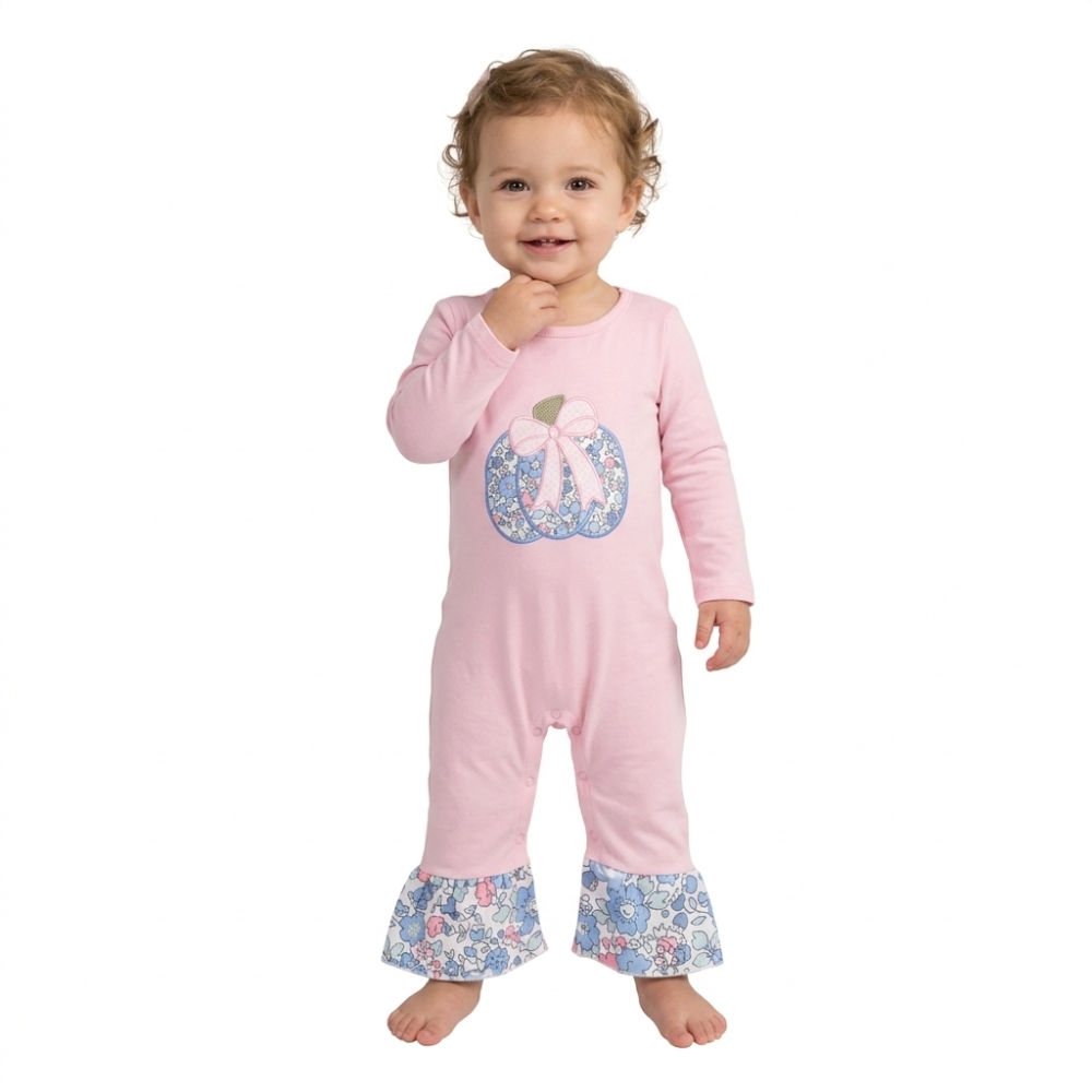 LR3021 Pink flowers bows embroidery baby girl Long-Sleeved romper