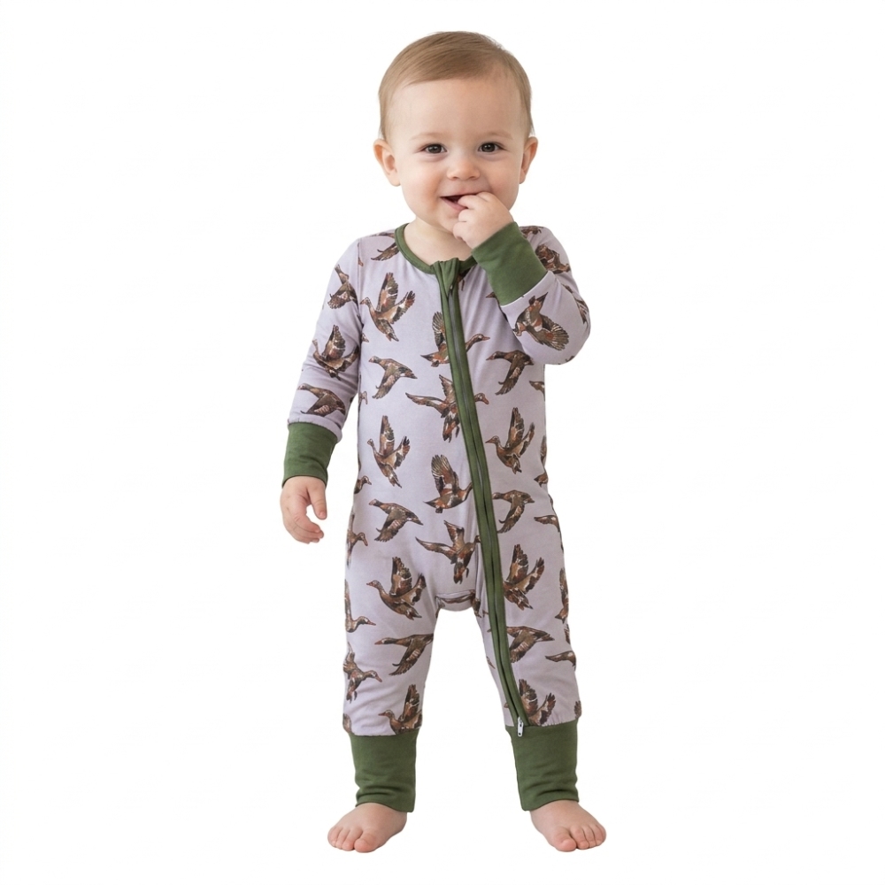 LR3233 grey duck print  Long-Sleeved zipper WESTERN romper