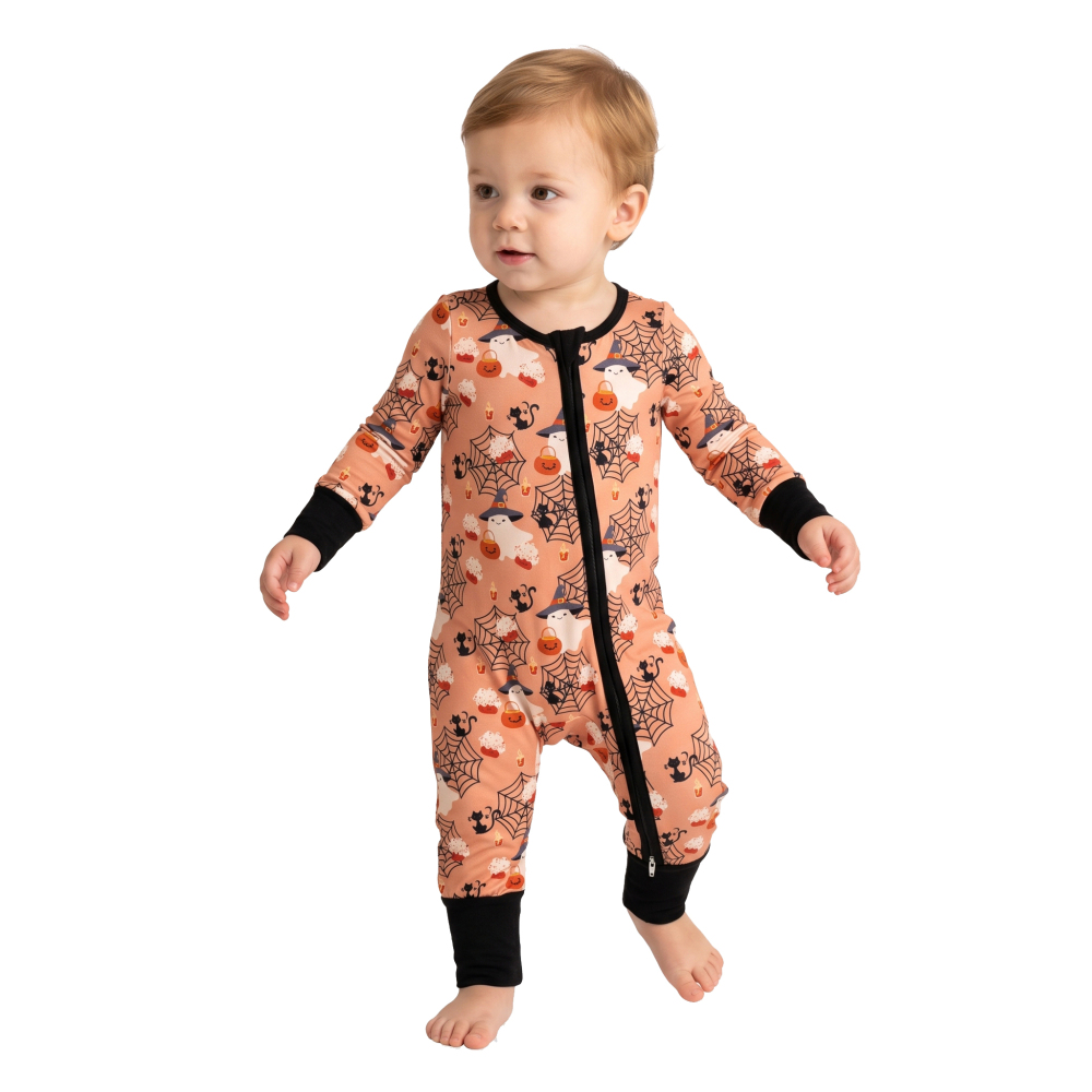 LR3250  Halloween boo spooky print  Long-Sleeved zipper romper